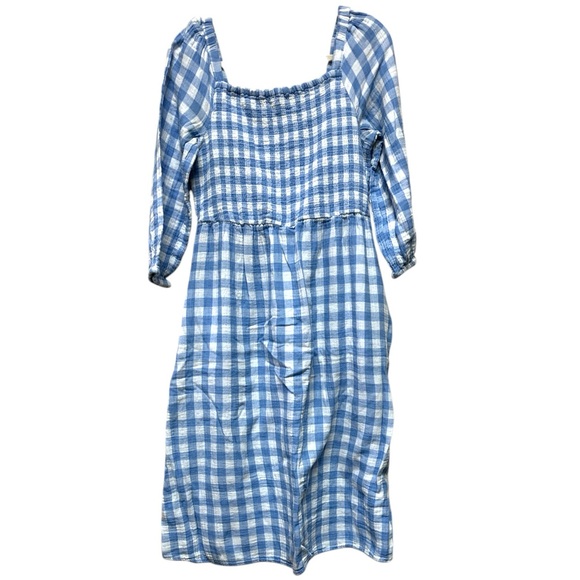 beachlunchlounge Smocked Gingham 100% Cotton Midi Dress in Blue & White, Medium - Picture 1 of 8
